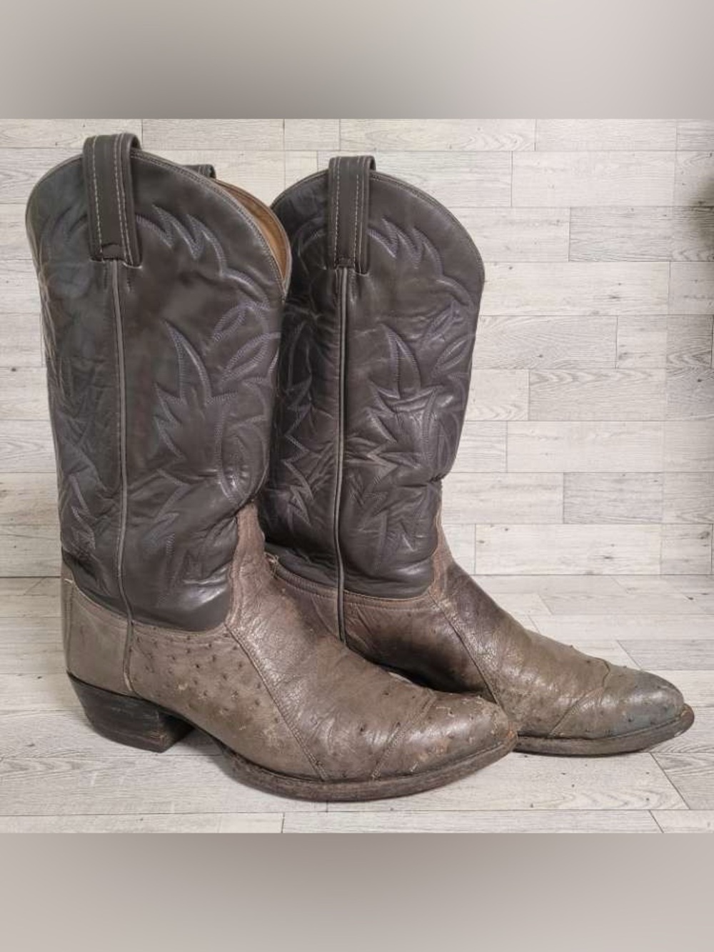 Vintage Tony Lama Gray Exotic Ostrich Leather Wingtip Cowboy Boots Men's 10 D